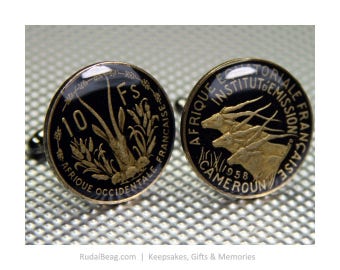 Enamelled Coin Cufflinks Vintage - Afrique Francais - 10 Francs - Africa - Antelope - France - Black Background & Natural Metal