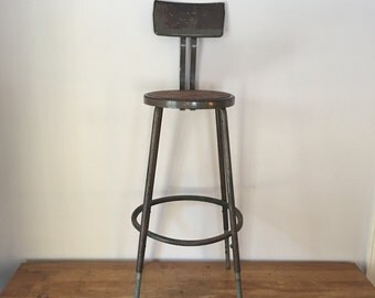Vintage industrial steel stool in olive - nice worn patina - Tall