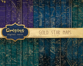 Gold Star Maps Digital Paper, Printable scrapbook paper, antique constellation sky map backgrounds, vintage star atlas, scrapboking