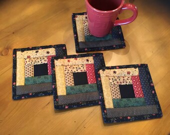 Log Cabin Mug Rugs / Quilted Mug Rugs / Country Decor / Primitive Decor / Handmade / Item #2019