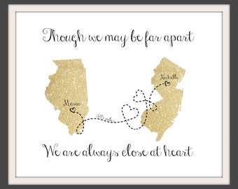 Best Friend Long Distance Present, Going Away Gift for BFF, Sister Gift, Birthday Gift for Grandma, Two- US State Personalized Map - 50377B