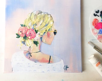 Spring girl in sunglasses - original canvas art - beach girl - floral art - girl painting