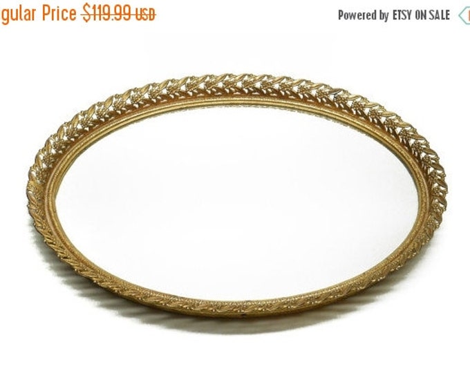 Storewide 25% Off SALE Vintage Elongated Ormolu Gilted Filigree Lace Trim Vanity Mirror Tray Featuring Velveteen Padded Backing