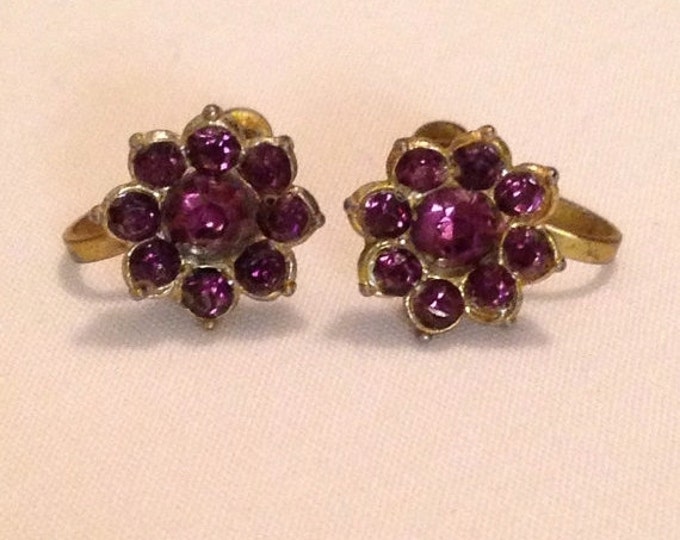 Storewide 25% Off SALE Vintage Gold Tome Amethyst Rhinestone French Post Earrings Featuring Petite Daisy Flower Style Design