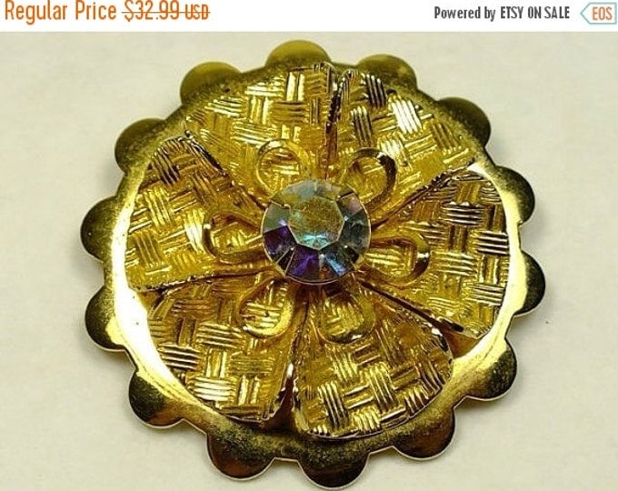 Storewide 25% Off SALE Vintage Flower Scarf Clip Featuring goldtone dimensional design with single aurora borealis rhinestone prong-set in c