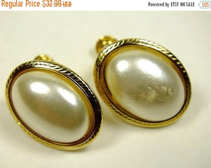 Storewide 25% Off SALE Beautiful Vintage pair of Signed Marvella pearl cabochons earrings set in a goldtone design