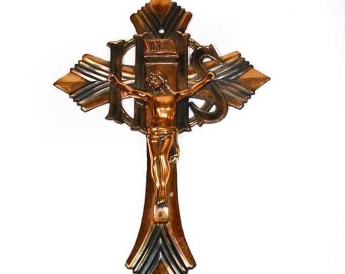 Storewide 25% Off SALE Vintage Heavy Copper Finished Gothic Style Religious Crucifix Cross Featuring Highly Detailed Design