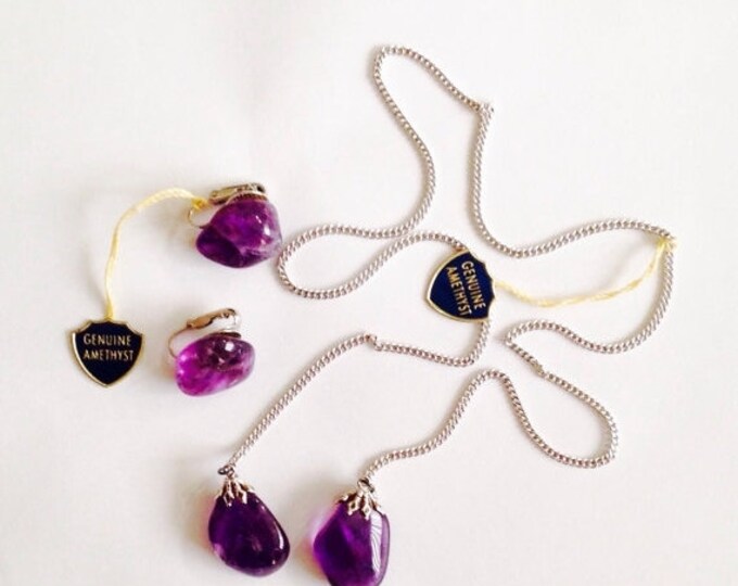 Storewide 25% Off SALE Vintage Art Deco Silver Tone Amethyst Necklace & Matching Amethyst Clip Earrings Set With Genuine Deep Purple Stones