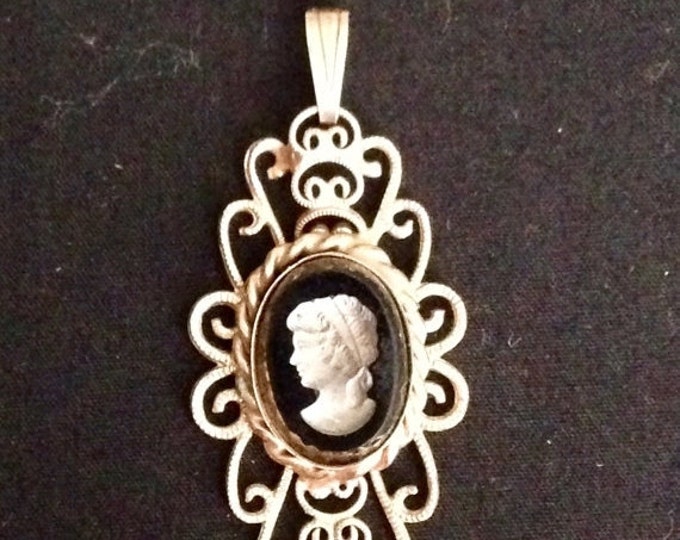 Storewide 25% Off SALE Vintage Gold Tone Adora Signed Designer Cameo Pendant Featuring Unique Black Portrait And Detailed Lattice Trim