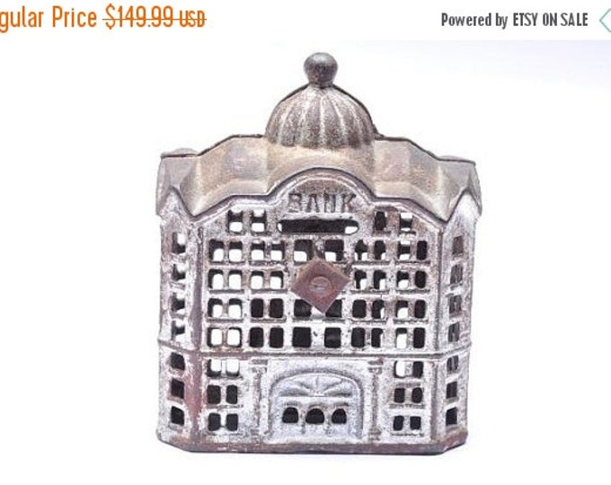Storewide 25% Off SALE Old Cast Iron Bank of a Bank Building with what appears the original paint
