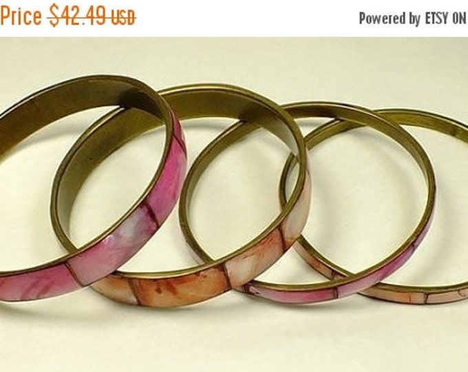 Storewide 25% Off SALE Beautiful Collection of 4 vintage mother-of-pearl style sectional bangle bracelets in shades of red and pink.