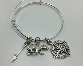 Compass bracelet, Arrow Bracelet, Bear Charm Bangle, Charm bracelet