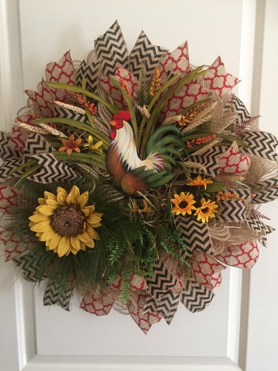 Rustic Rooster Wreath Burlap Deco Mesh 9775