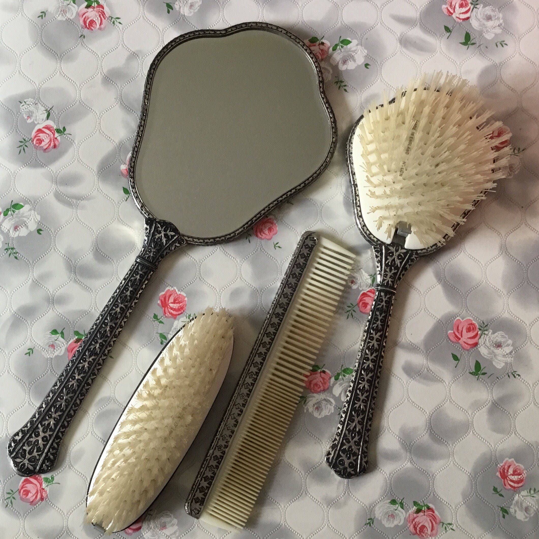 60s Regent of London vanity set, petit point vintage mirror ...