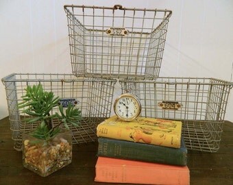 Vintage Set of 3 Square Locker Baskets, 552, 604, 606, Kasper Wire Works Locker Basket, Shiner Texas