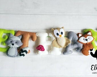 Woodland name banner, felt name garland, woodland creatures, personalised banner, nursery wall hanging, nursery decor, kids room decor