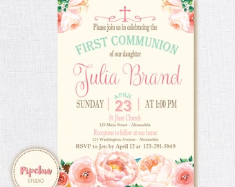 Communion Invitation. Baptism invitation. Pastel colors, mint and pink, floral invite. Printable & personalized. Watercolor Baptism invite