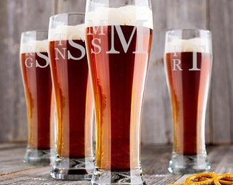 Set of 9 - Personalized Monogrammed Glass, Personalized Monogram, Engraved Pilsner Glass, Wedding Party Glasses, Wedding Glasses