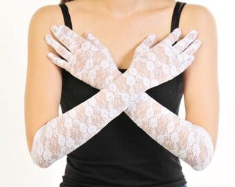 ELBOW Length Ladies White Lace Gloves Perfect for Wedding, White Lace Elbow Gloves for Tea Party, Showers, Prop, Bridesmaid Gift #A881