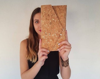 Cork Clutch-Gold Clutch-Eco Friendly Purse-Vegan bag-Handmade bag-Gift for Her-Vegan Gift-Cork Bag-Cork Purse-Unique bag-Envelope Bag