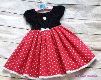Handmade Girls Minnie Mouse Dress, Minnie Mouse, Twirl Dress, Party Dress, Holiday Dress. Ages 12 Months - 10 Years