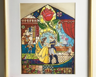 Beauty & The Beast Stained Glass Window Painting Original Artwork Print.