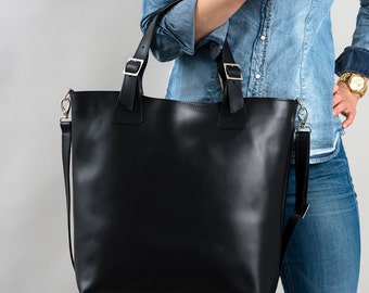 Huge Elegant Genuine Leather Bag Urban Style Tote Long Strap Black Color