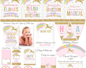 Magical Unicorn Party Package & Magical Unicorn Birthday Invitation Pink Gold Unicorn Party Decorations Unicorn Printable Party Package