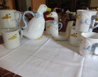 Fitz and Floyd Geese Set, Cups, Nakin Holder, Pitcher, 1983