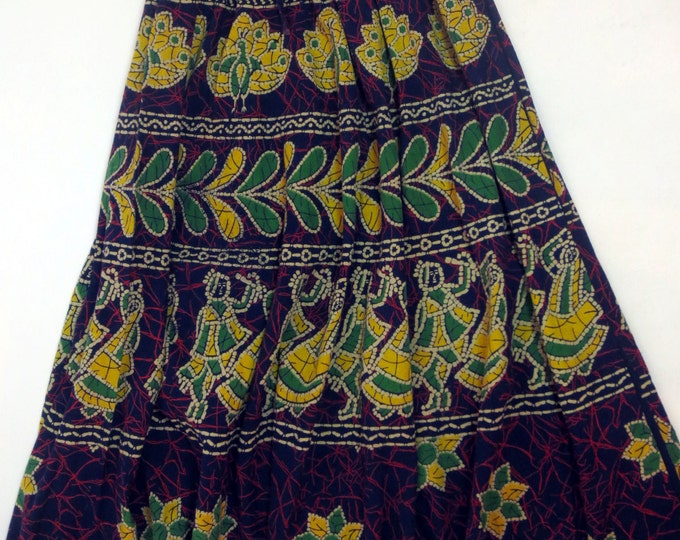 70s African robe wax print mosaic batik drawstring voluminous maxi skirt