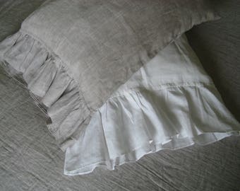 Linen Pillowcase with ruffles Frill Pillow Sham White or Oatmeal Beige Standard Queen King Euro Pillow Case Slip Cover