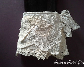 GIRLS SHABBY SKIRT, tattered wrap skirt, flower girl, crochet doily skirt, 5 6 7 8 year old, Ivory cream beige, wedding skirt, boho chic