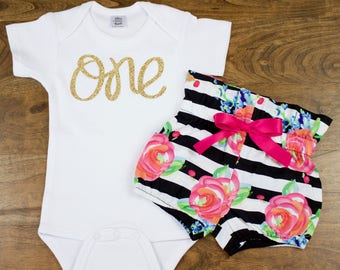 Baby Girls 1st Birthday Outfit | Black and White Stripe and Fuchsia Floral High Waisted Bloomers Outfit with Gold One