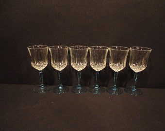 Vintage Cris D'Arques/Durand Crystal and Azure Sky Blue Stem Base Wine Glasses