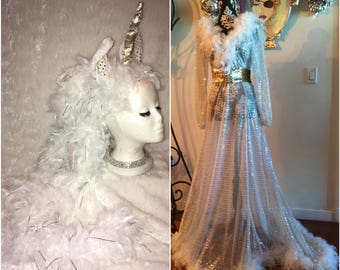 Silver Sheer Sequin Feather Unicorn Costume Dress and matching Unicorn Headpiece. Burlesque Halloween