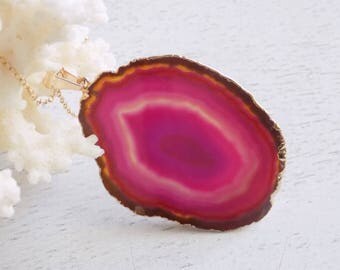 Sliced Agate Necklace, Pink Agate Pendant, Geode Necklace, Boho Necklace Long, Gold Layer, Large Gemstone Necklace, Christmas Gift, 6-371