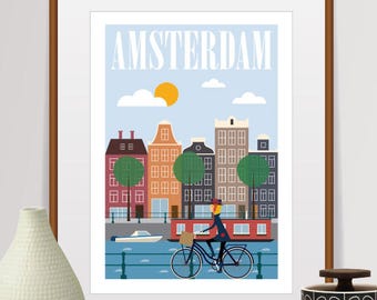 amsterdam, amsterdam print, travel poster, mid century wall art, amsterdam poster, netherlands, amsterdam art, retro wall art, city prints