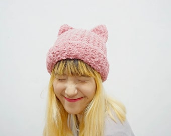 Fluffy kitty knitted hat, cat ear hat, pussyhat