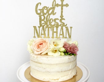 God Bless Glitter Cake Topper Custom/Personalized, Baptism, Christening, First Communion Cake Topper