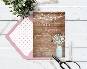 Mason Jar Wedding Shower Invitation, Rustic Bridal Shower Invitation Printable, Country Wedding Shower, String Lights & Pink Baby's Breath