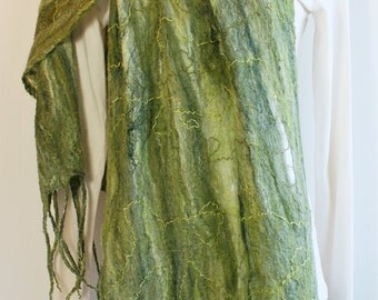 Olive Cobweb Felt Scarf,Wet Felt Scarf,Wet Felted Wool Shawl,Felted Wool Scarf,Nuno Felted Scarf,Felted Wrap,Felted Scarf,Cobweb Scarf Wrap