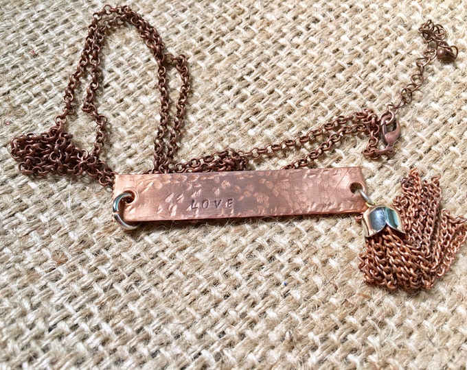 Stamped Necklace, Copper Love Necklace, Love Quote Necklace, Tassel Necklace, Copper Necklace, Mixed Metal Necklace, Hand Stamped Jewelry