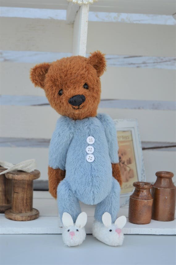 Baby Bear in blue pyjamas and slippers mohair artist bear