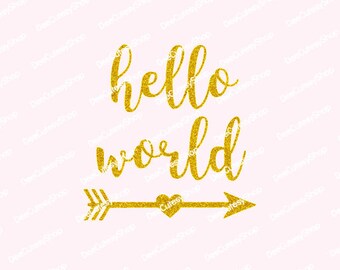 Hello World Iron On, Non-Shed Glitter, Arrow, Gold, Glitter, Hello World, DIY, Baby Girl, Newborn, Heat Transfer, NOT DIGITAL, Iron On Decal