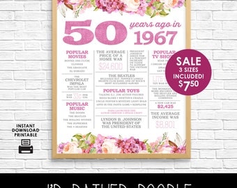 50th Birthday Sign - Back in 1967 - 50 Years Ago in 1967 - Printable Digital Sign - Instant Download - Boho Watercolor Flowers - Gift Sign