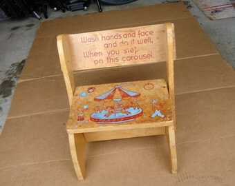 vintage step stool wooden chair combo kids/childs furniture,with carousel decor,old school bench seat