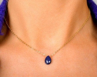 Blue Sapphire necklace, Natural September Birthstone Gift For Her Genuine Gemstone Pendant Pear Cut: Rose Gold Filled Sterling Silver