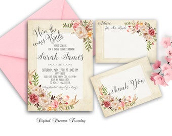 Rustic Bridal Shower Invitation Printable Floral Bridal Shower Invitation Antler Bridal Shower Boho Bridal Invitation Blush Pink Floral