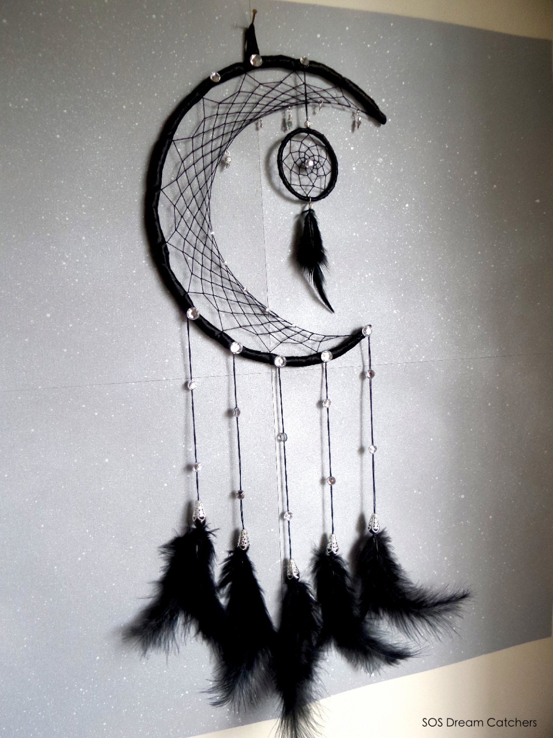 Larger Crescent Moon Dream Catcher. Long rhinestones