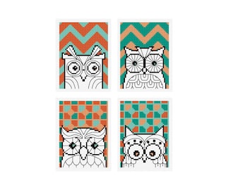 Modern Owls - Set of 4 - Durene J Cross Stitch Patterns